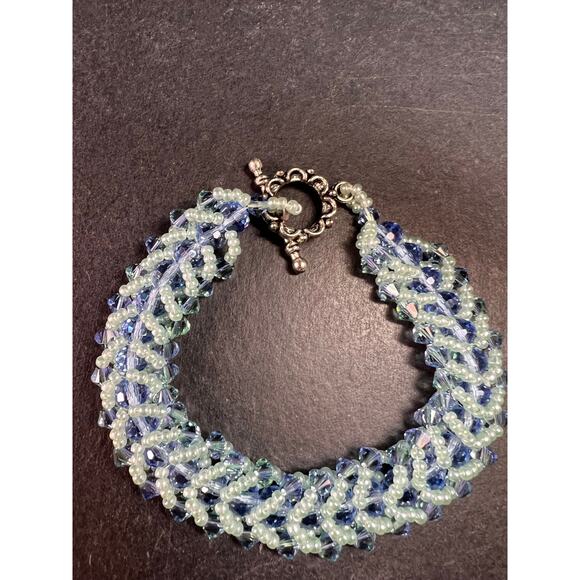 Vintage Blue & Green Crystal Beaded Chevron Braid Toggle Bracelet Y2K - Picture 7 of 15